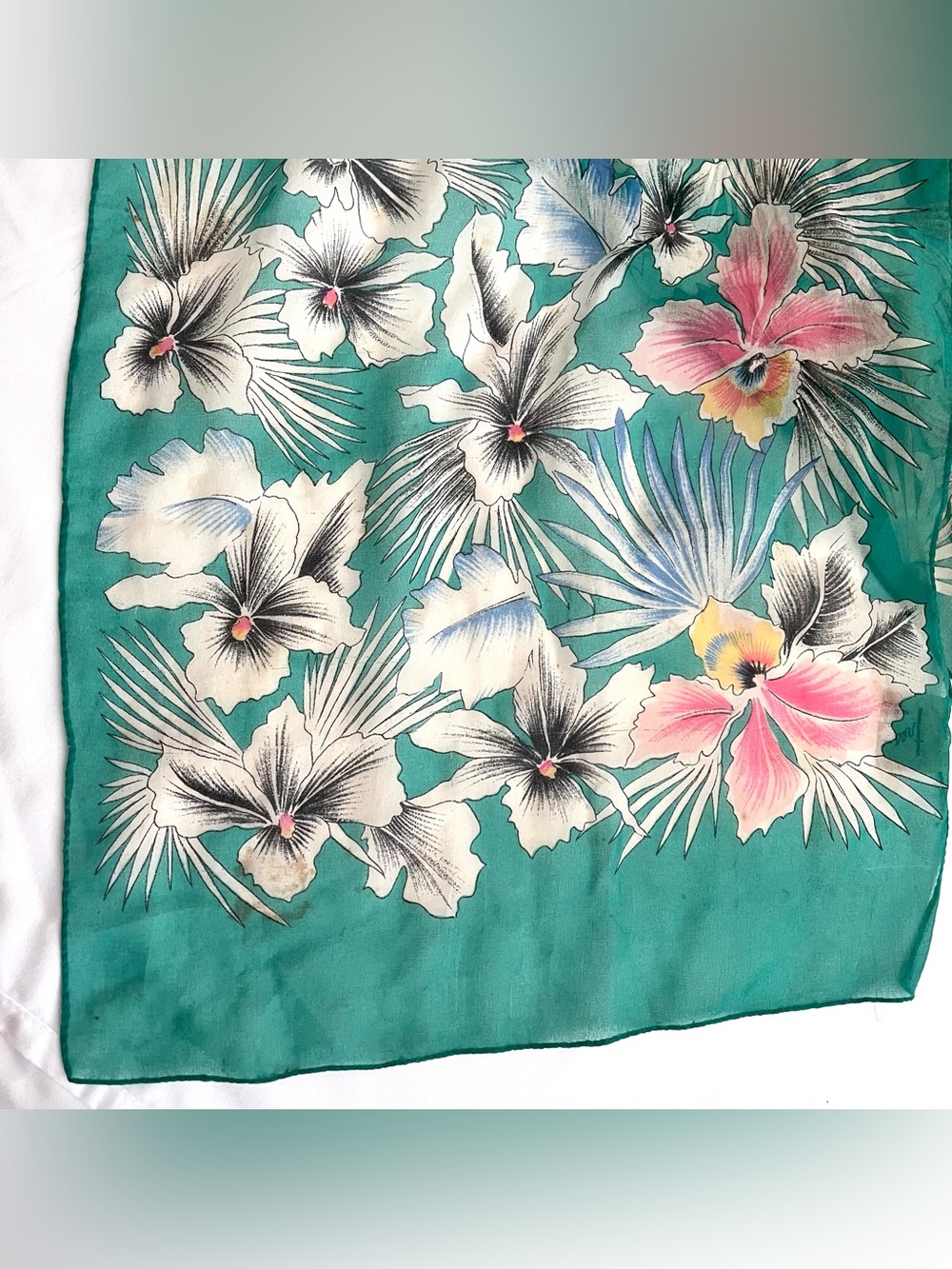 Vintage Tres-Elle Italian Floral Scarf Wrap Teal Aqua Tropical Hibiscus 70s - Picture 2 of 7